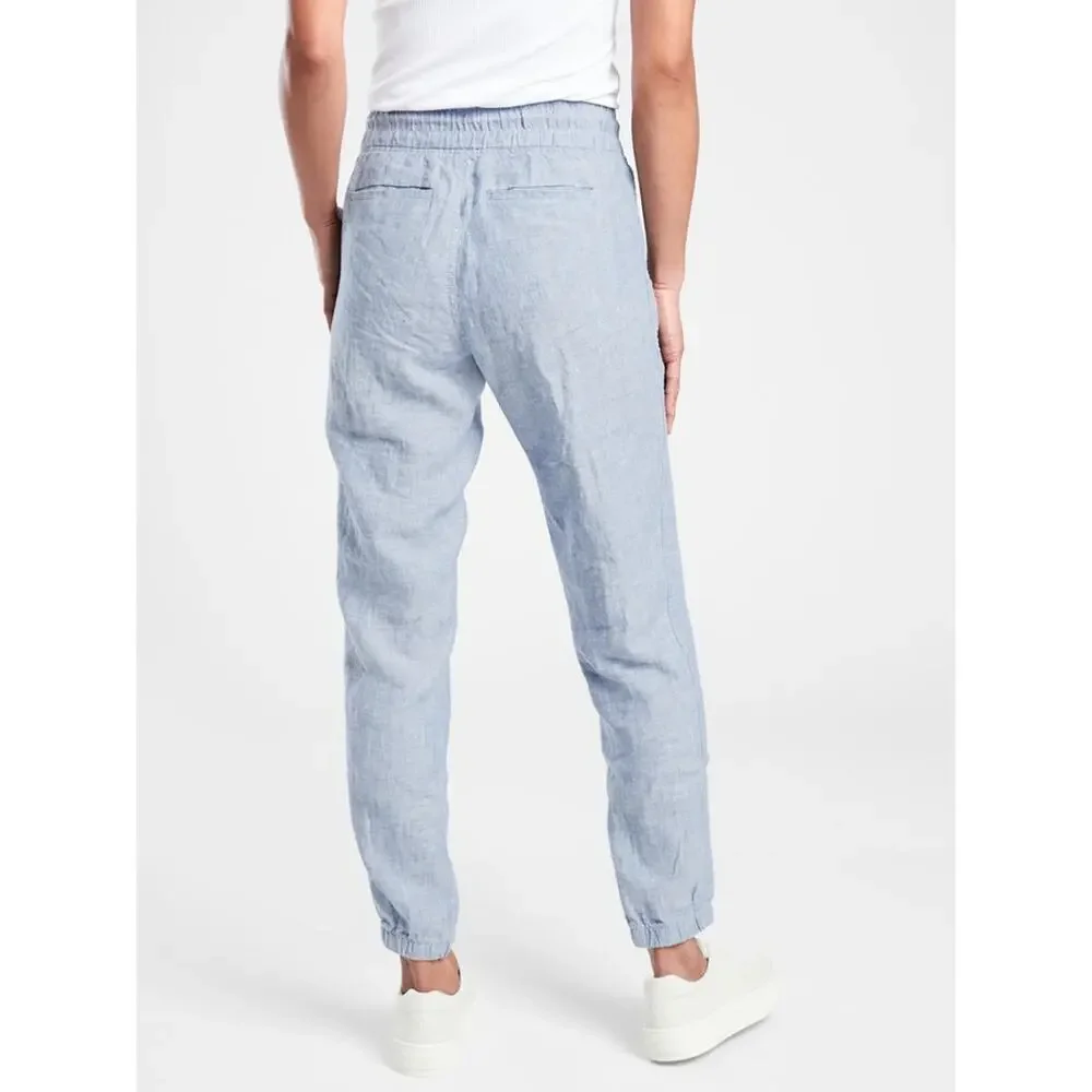 Athleta Cabo Linen High Waisted Jogger Pants Blue Chambray‎ Size 2
